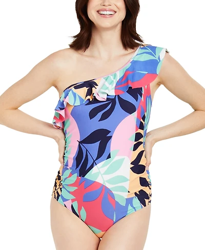 Motherhood Maternity Beach Bump Ruffle-Front One-Shoulder Maternity Upf 50+ Swimsuit