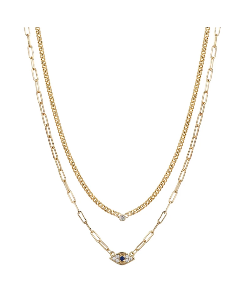 Gold Flash Plated Cubic Zirconia Evil Eye Layered Necklace, 16+2" Extender