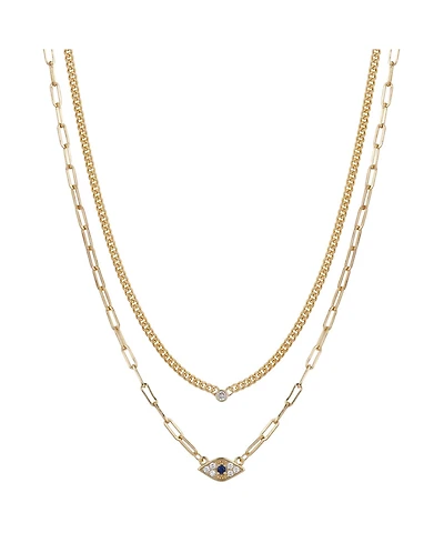 Gold Flash Plated Cubic Zirconia Evil Eye Layered Necklace, 16+2" Extender