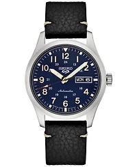 Seiko Men's Automatic 5 Sports Black Leather Strap Watch 43mm