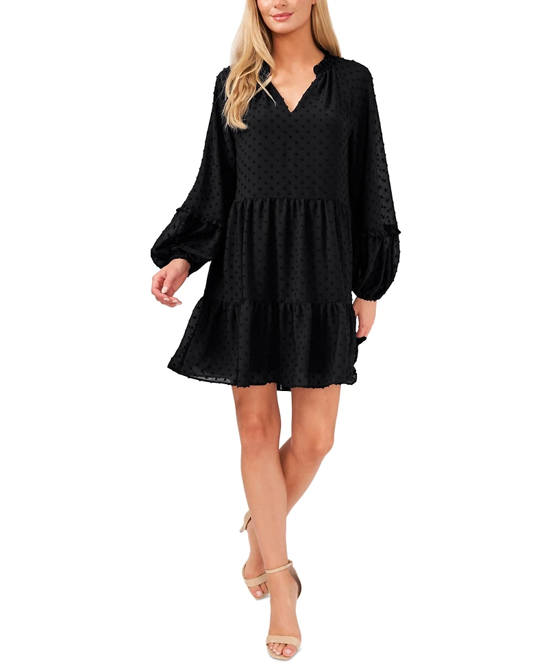 CeCe Women's Long Sleeve V-Neck Ruffled Clip-Dot Dress