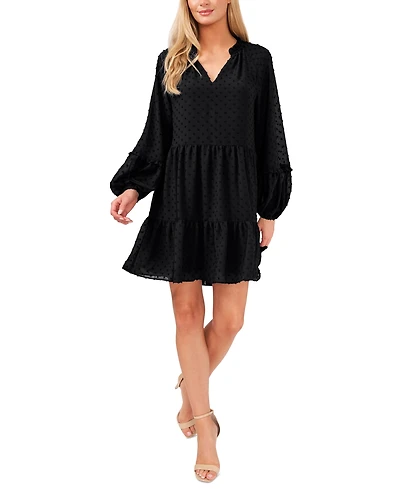 CeCe Women's Long Sleeve V-Neck Ruffled Clip-Dot Dress