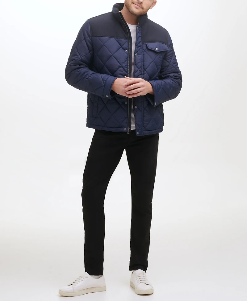 Cole Haan Men's Mixed Media Diamond Quilt with Faux Sherpa Lining Coat