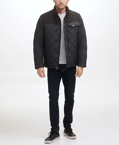 Cole Haan Men's Mixed Media Diamond Quilt with Faux Sherpa Lining Coat