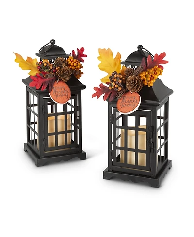 Gerson International 10.5" Lanterns with Battery Operated Led Candles and Floral Accents Set, 2 Pieces