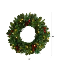 Frosted Pine Artificial Christmas Wreath with Pinecones, Berries and 35 Warm Led Lights, 20"