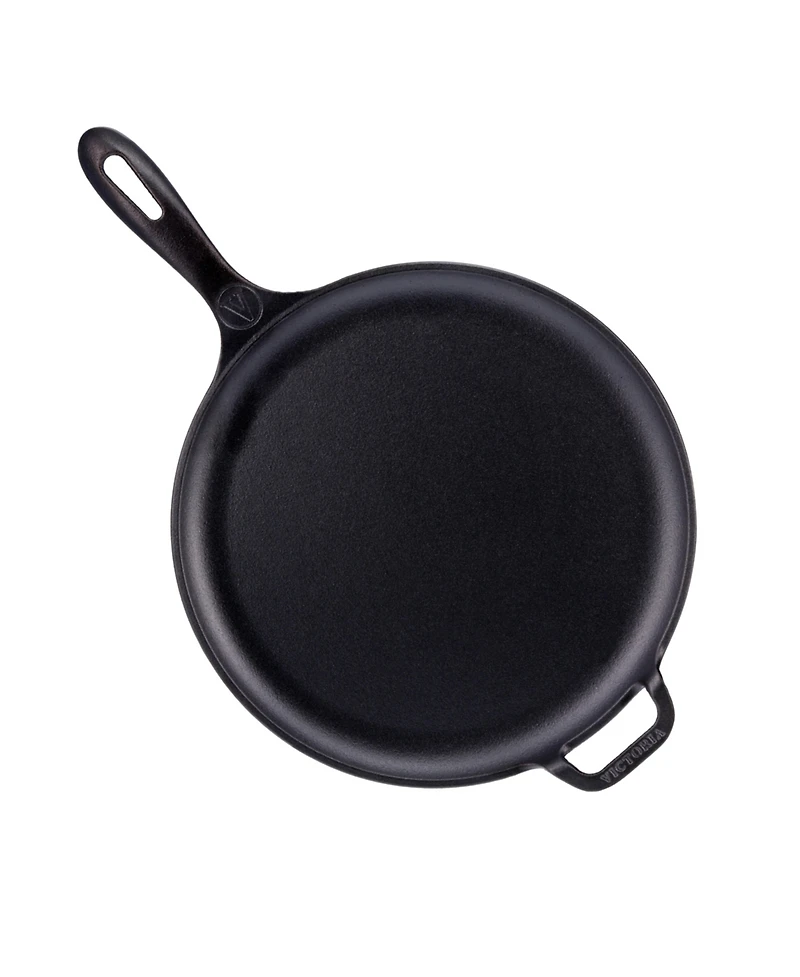 Victoria 12" Comal with Long Handle and Helper Handle, Seasoned