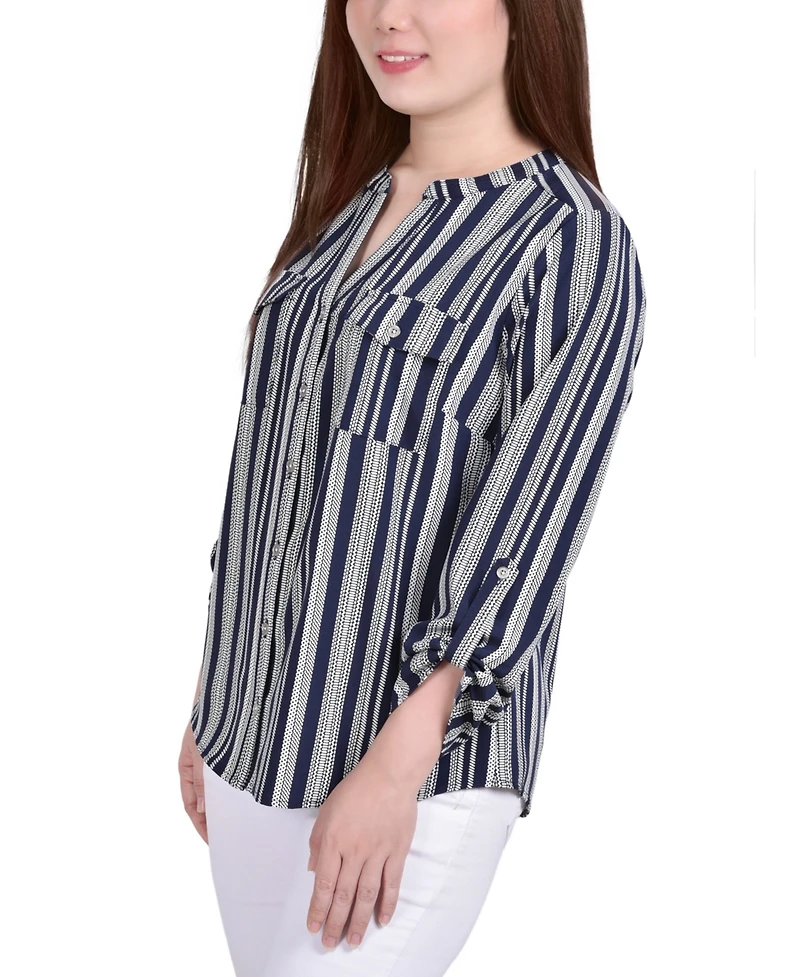 Petite 3/4 Sleeve Roll Tab Y Neck Blouse