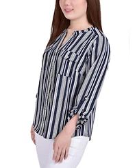 Petite 3/4 Sleeve Roll Tab Y Neck Blouse