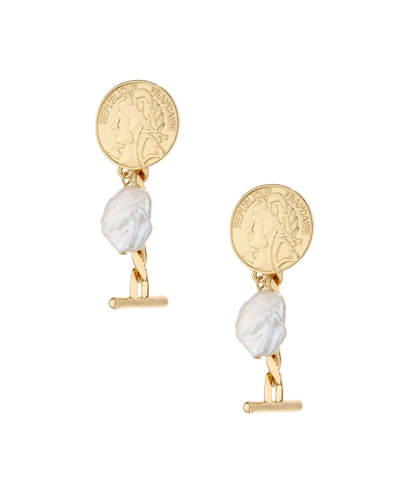 Ettika Gold-Plated Coin Drop Earrings with Freshwater Pearls