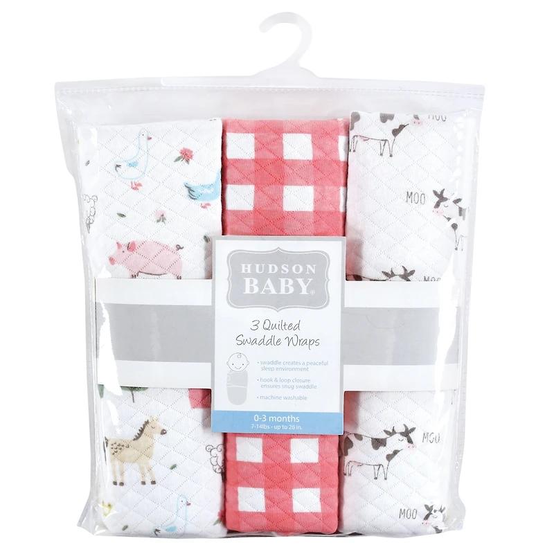 Hudson Baby Baby Girls Hudson Quilted Cotton Swaddle Wrap 3pk Farm Animals, 0-3 Months