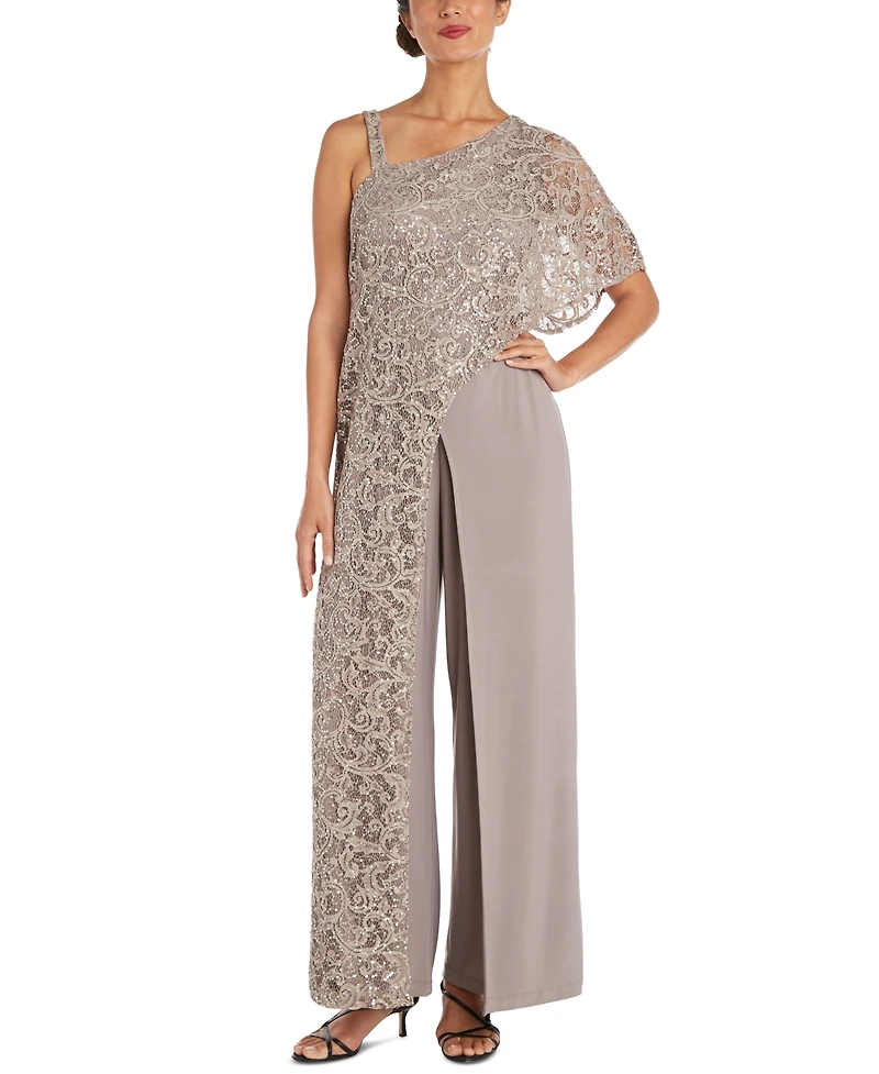 R & M Richards One-Shoulder Lace Jumpsuit