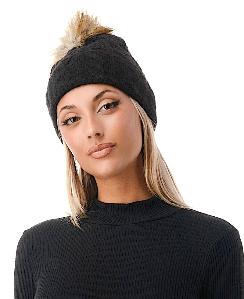Marcus Adler Women's Cable Knit Faux Fur Pom Beanie