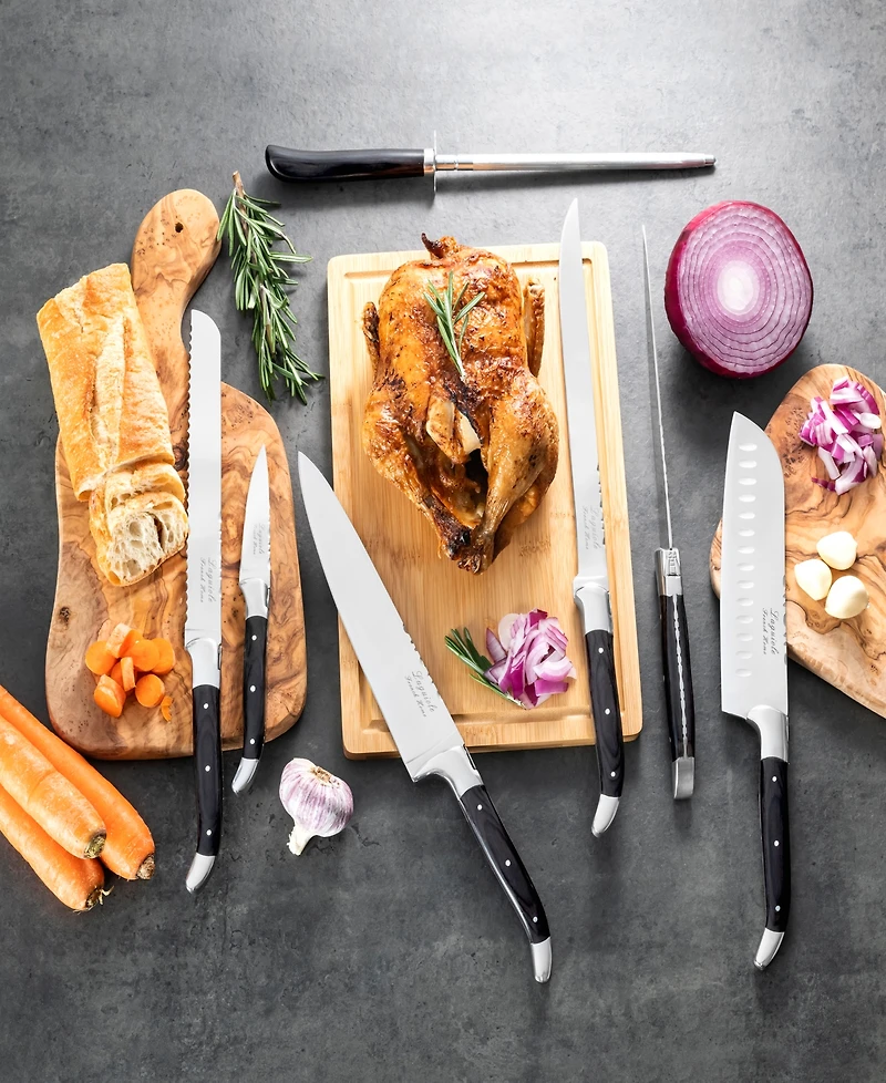 French Home 7 Piece Connoisseur Laguiole Black Pakkawood Kitchen Knife Set with Knife Sharpener