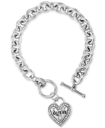 Guess Silver-Tone Pave Logo Heart Link Bracelet