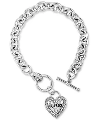 Guess Silver-Tone Pave Logo Heart Link Bracelet