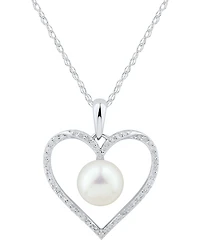 Cultured Freshwater Pearl (7mm) & Diamond (1/7 ct. t.w.) Heart 18" Pendant Necklace in 14k Gold (Also in White Gold)