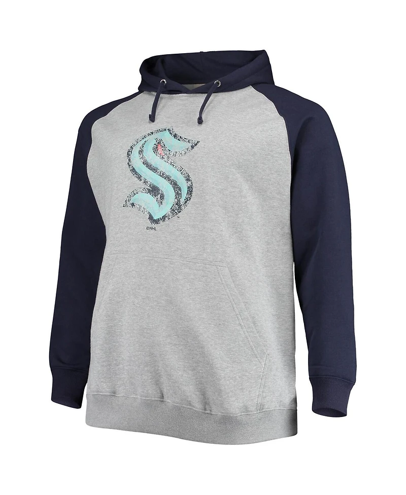Men's Heathered Gray, Deep Sea Blue Seattle Kraken Big and Tall Raglan Pullover Hoodie