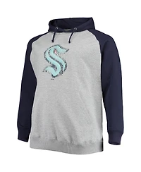 Men's Heathered Gray, Deep Sea Blue Seattle Kraken Big and Tall Raglan Pullover Hoodie