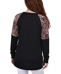 Petite Long Raglan Sleeve Tunic with Animal Print Insets Top