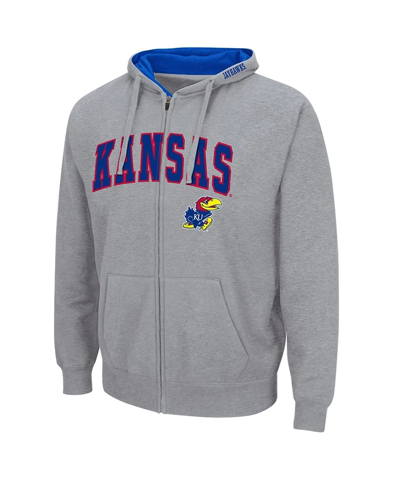 Men's Colosseum Heathered Gray Kansas Jayhawks Arch and Logo 3.0 Full-Zip Hoodie