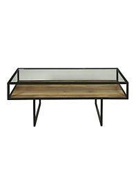 Iron Coffee Table with Glass Top and Wooden Shelf