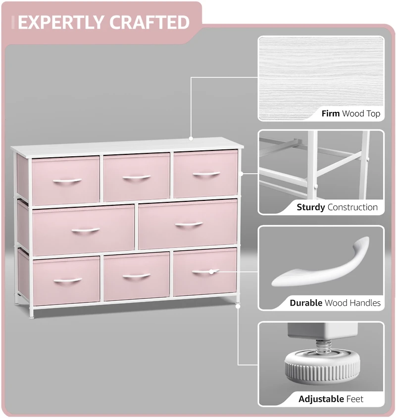 Sorbus 8 Drawers Wide Dresser - Organizer Unit with Steel Frame Wood Top and handle