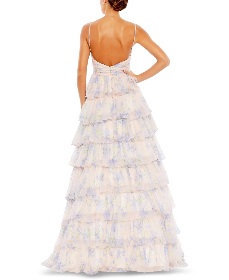 Mac Duggal Floral-Print Cutout Ruffled Gown