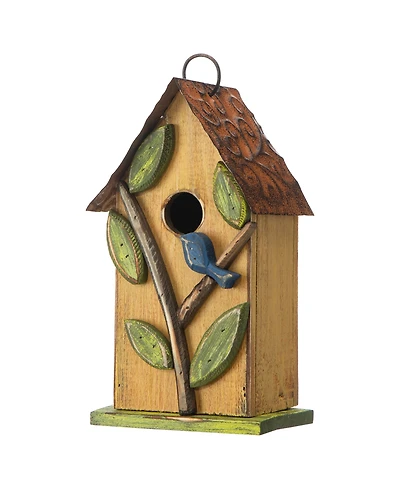 Glitzhome 9.75" Washed Birdhouse with 3D Tree and Bird