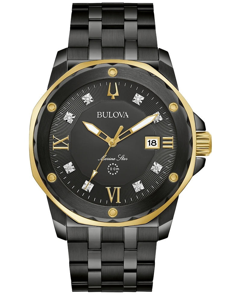 Bulova Men's Marine Star Diamond Accent Black Ion-Plated Stainless Steel Bracelet Watch 44mm