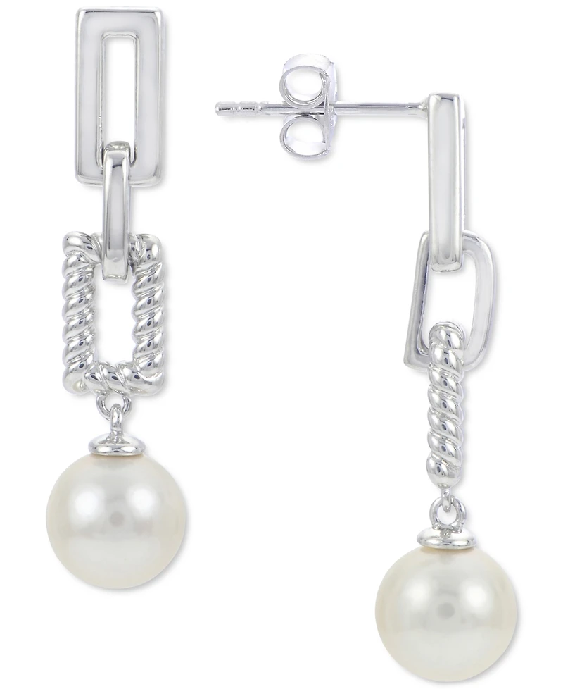 Cultured Freshwater Pearl (8mm) Chain Link Drop Earrings in Sterling Silver