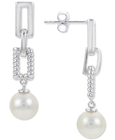 Cultured Freshwater Pearl (8mm) Chain Link Drop Earrings in Sterling Silver