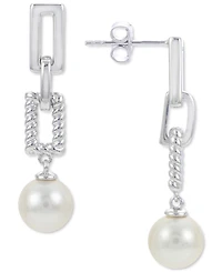 Cultured Freshwater Pearl (8mm) Chain Link Drop Earrings in Sterling Silver