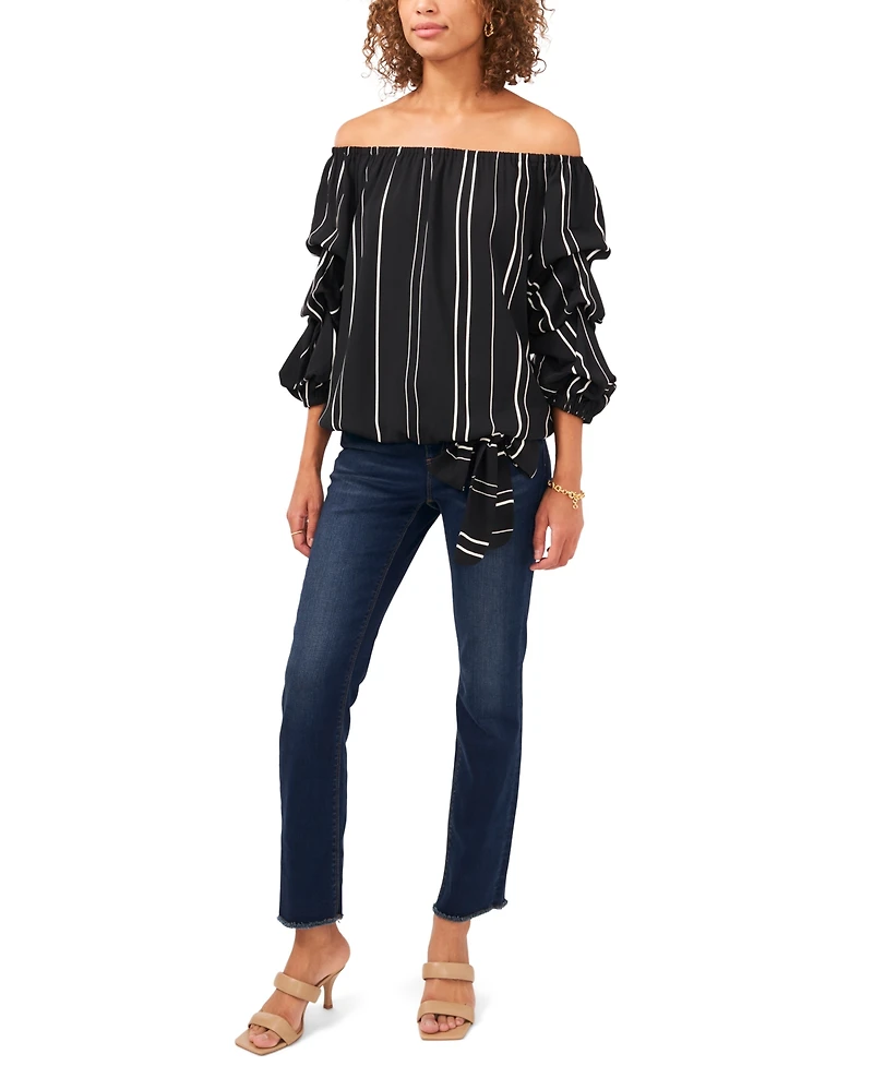 Vince Camuto Women's Striped Off-The-Shoulder Bubble 3/4-Sleeve Tie-Front Blouse