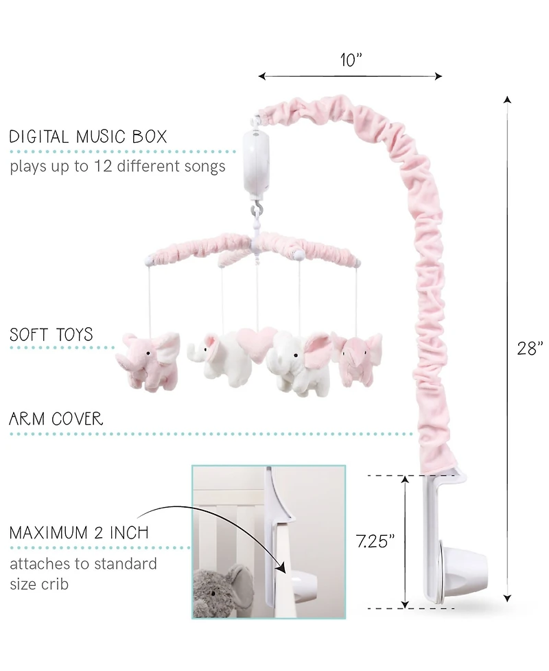 The Peanutshell Baby Crib Mobile for Girls, Pink Elephant, Musical