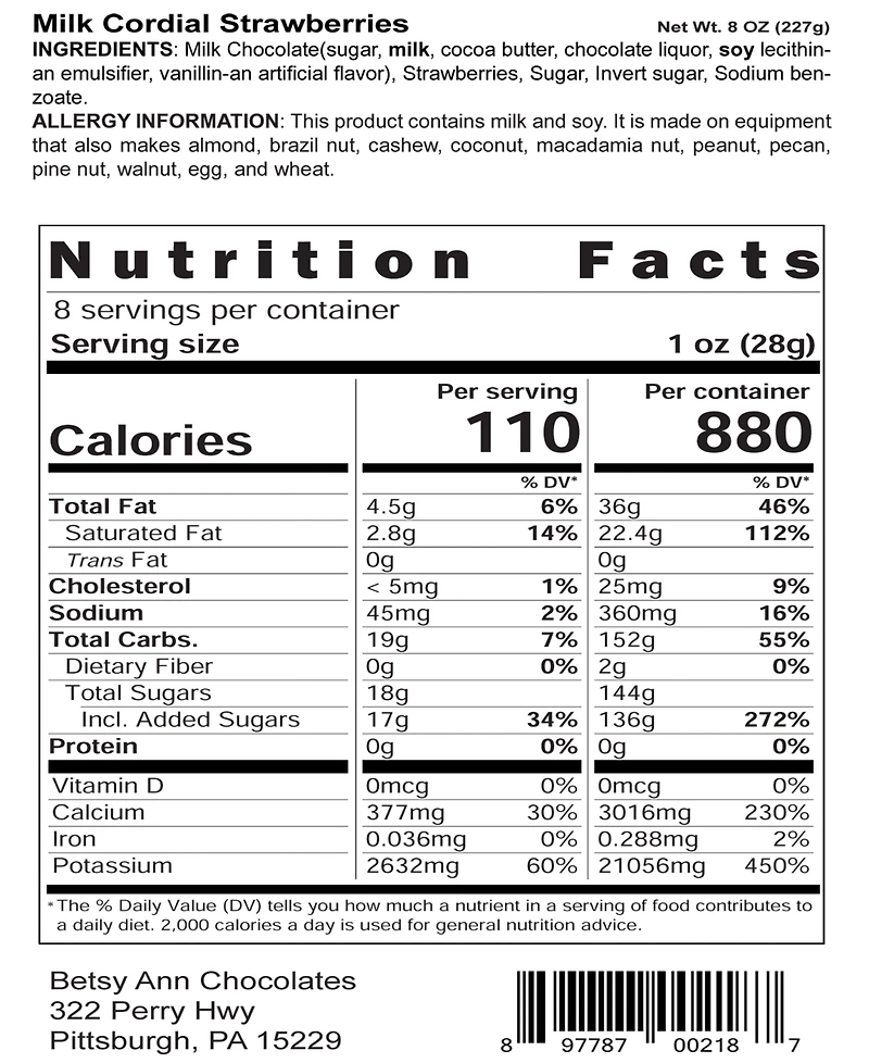 Betsy Ann 8 Oz Milk Chocolate Cordial Strawberries, Pack of 2