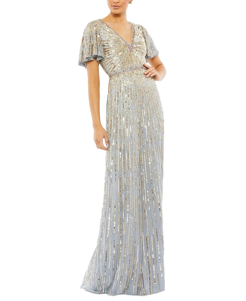 Women's Embellished V Neck Butterfly Sleeve Column Gown