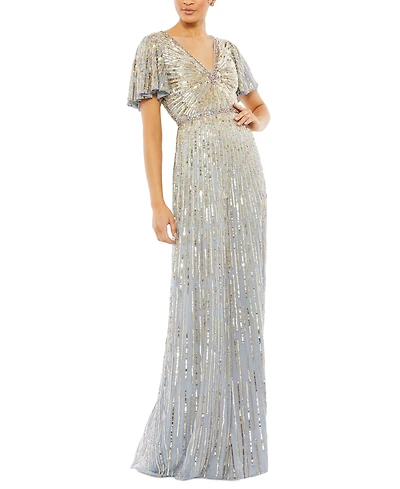 Women's Embellished V Neck Butterfly Sleeve Column Gown