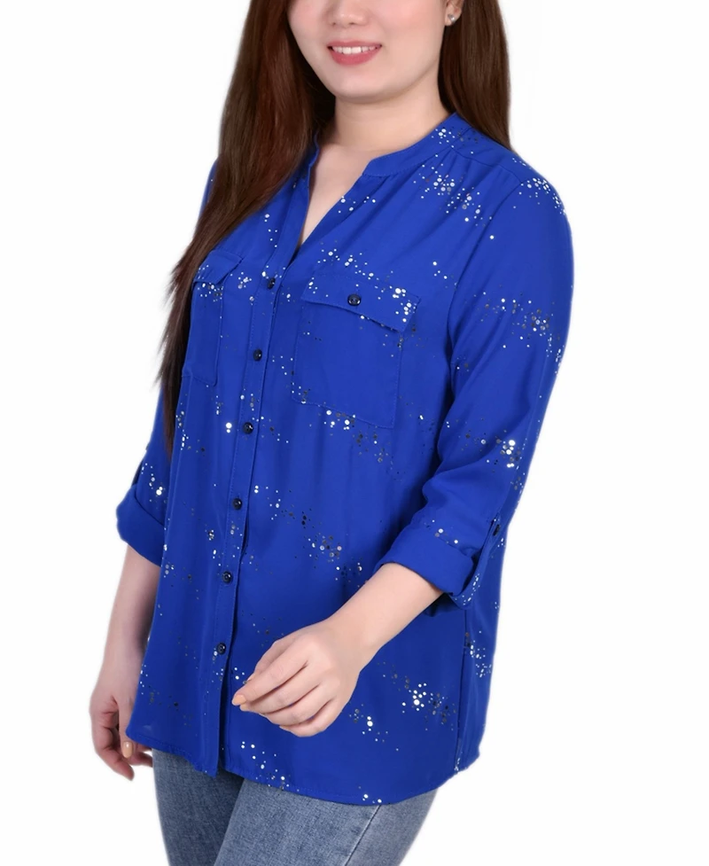 Petite 3/4 Sleeve Roll Tab Blouse with Metallic Details Top