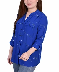 Petite 3/4 Sleeve Roll Tab Blouse with Metallic Details Top