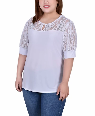 Plus Size Short Puff Sleeve Top with Lace Sleeves and Yoke