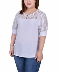 Plus Size Short Puff Sleeve Top with Lace Sleeves and Yoke