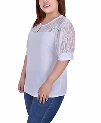 Plus Size Short Puff Sleeve Top with Lace Sleeves and Yoke