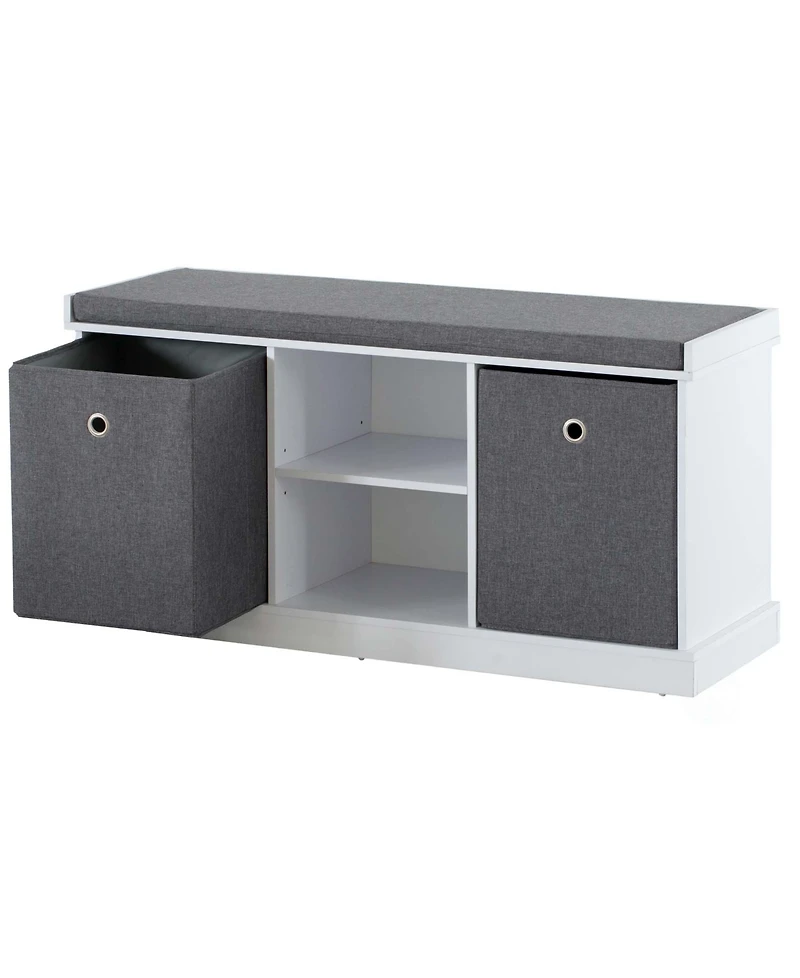 Basicwise Mdf Storage Box Shoe Bench with 2 Shelves, Foldable Baskets and a Gray Cushion, White