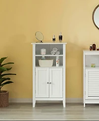 Basicwise White Bathroom Storage Cabinet with 2 Doors and 2 Open Shelves for Bedroom, Bathroom, and Vanity