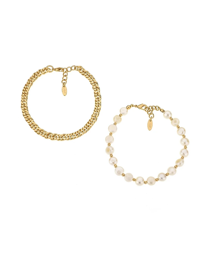 Ettika Cultured Freshwater Pearl and 18K Gold Plated Chain Anklet Set