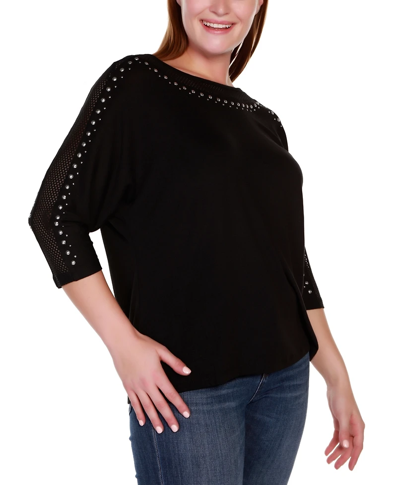 Belldini Plus Embellished Dolman with Mesh Inset Top