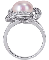 Pink Cultured Freshwater Pearl (10-1/2mm) & Cubic Zirconia Love Knot Statement Ring Sterling Silver