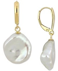 Cultured Freshwater Coin Pearl (16mm) Leverback Drop Earrings in 14k Gold