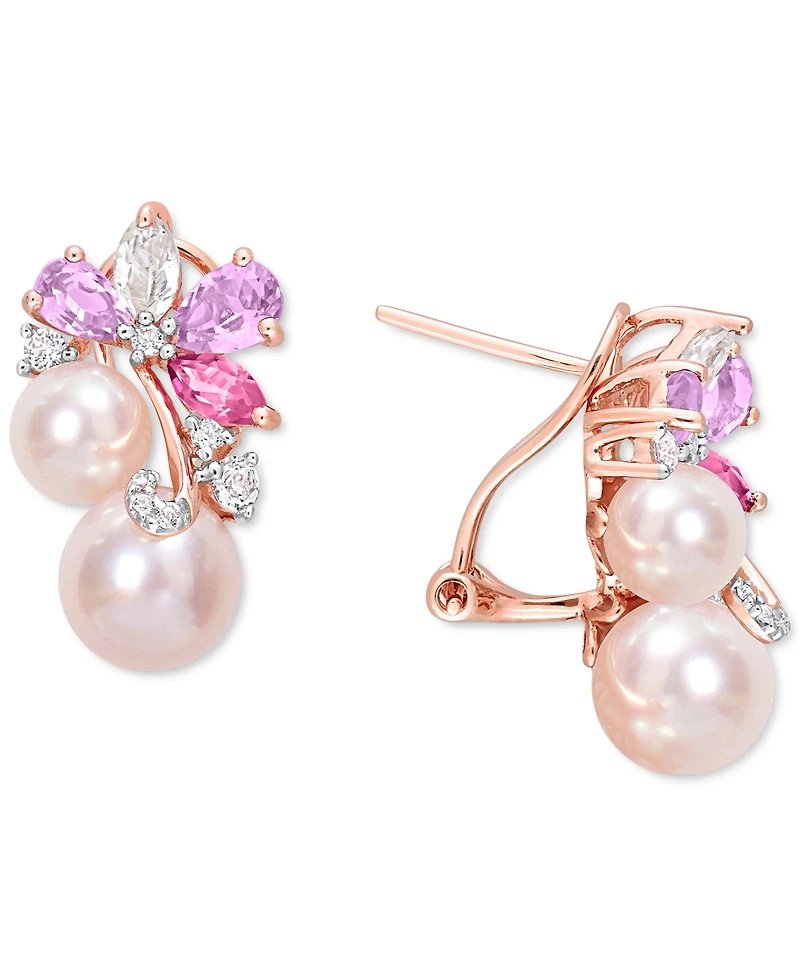 Pink Cultured Freshwater Pearl (6 & 8mm) Multi-Gemstone (2-5/8 ct. t.w.) Cluster Omega Back Earrings 18k Rose Gold Flash-Plated Sterling Silver